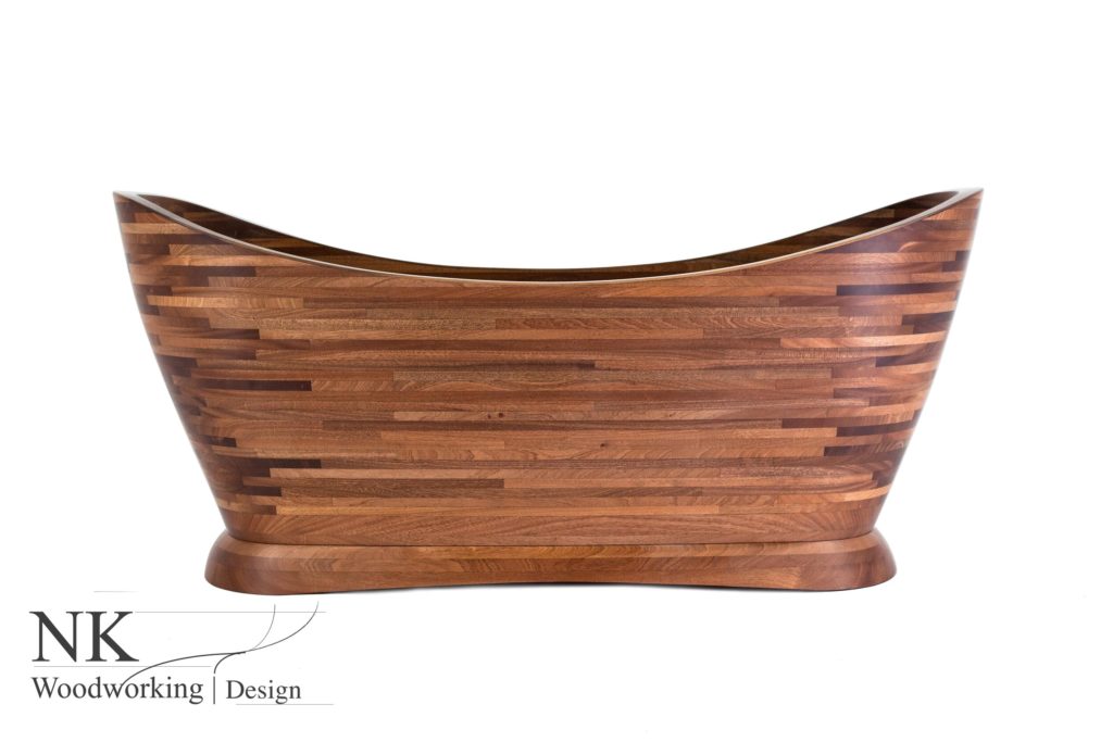 curved, wooden bathtub