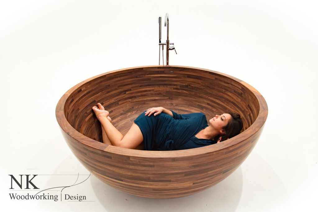 round, wooden, bathtub, woman
