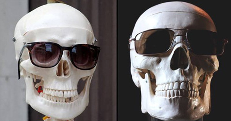 human skull wearing sunglasses