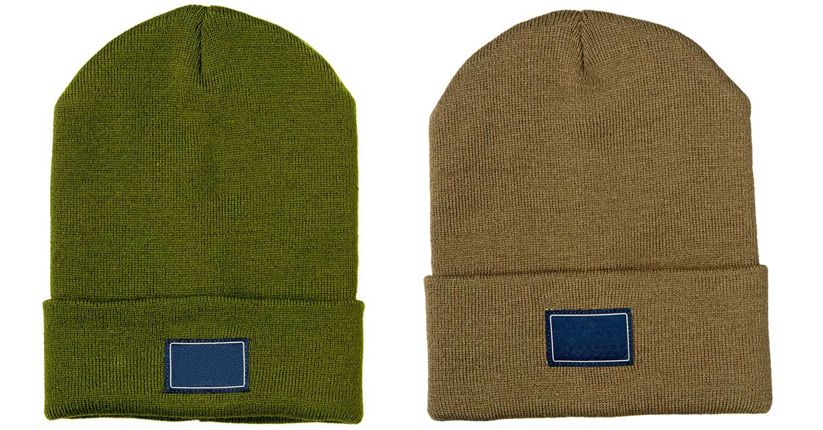 green and a brown winter hat