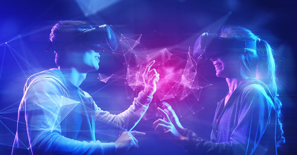 stylized image of a man and woman using vr headsets in metaverse