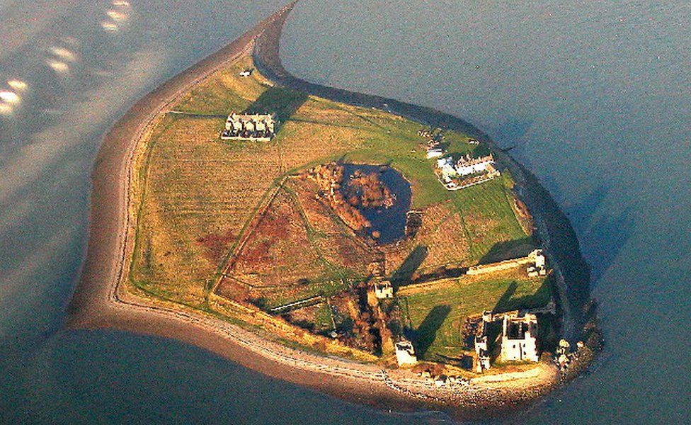 Arial view of Piel Island. At only 50 acres it consists of a pub, 3 houses, and the ruins of a 14th-century castle