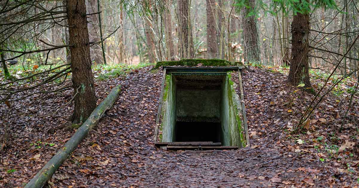 entrance to a bunker in wooded area