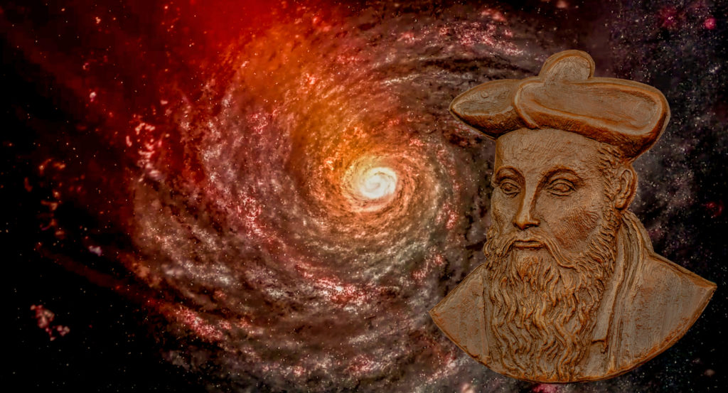 depiction of Nostradamus overlayed over a cosmic event 