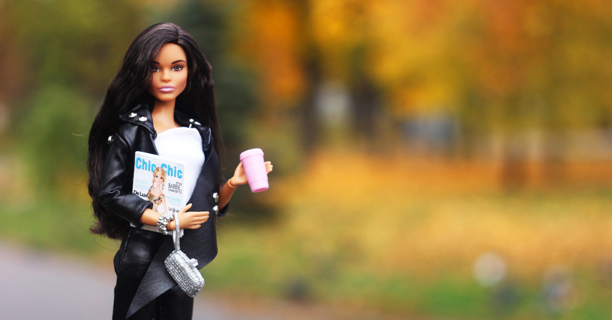 brunette barbie holding purse and coffee